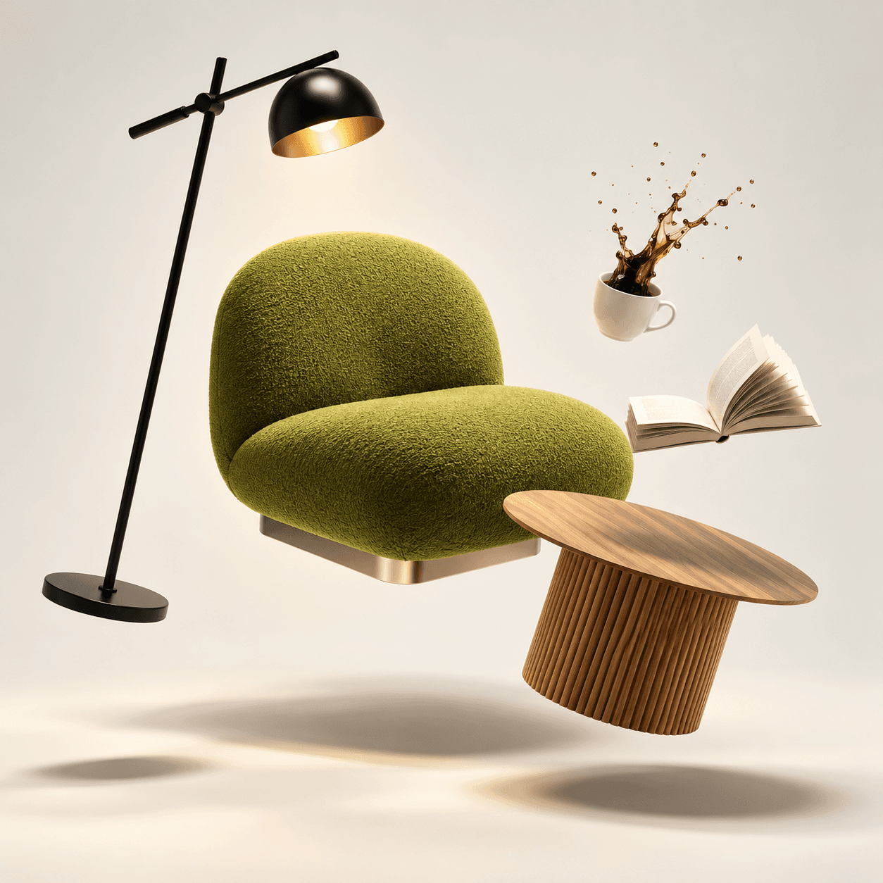 Cognac leather sofa lit by directional light in a dark architectural room