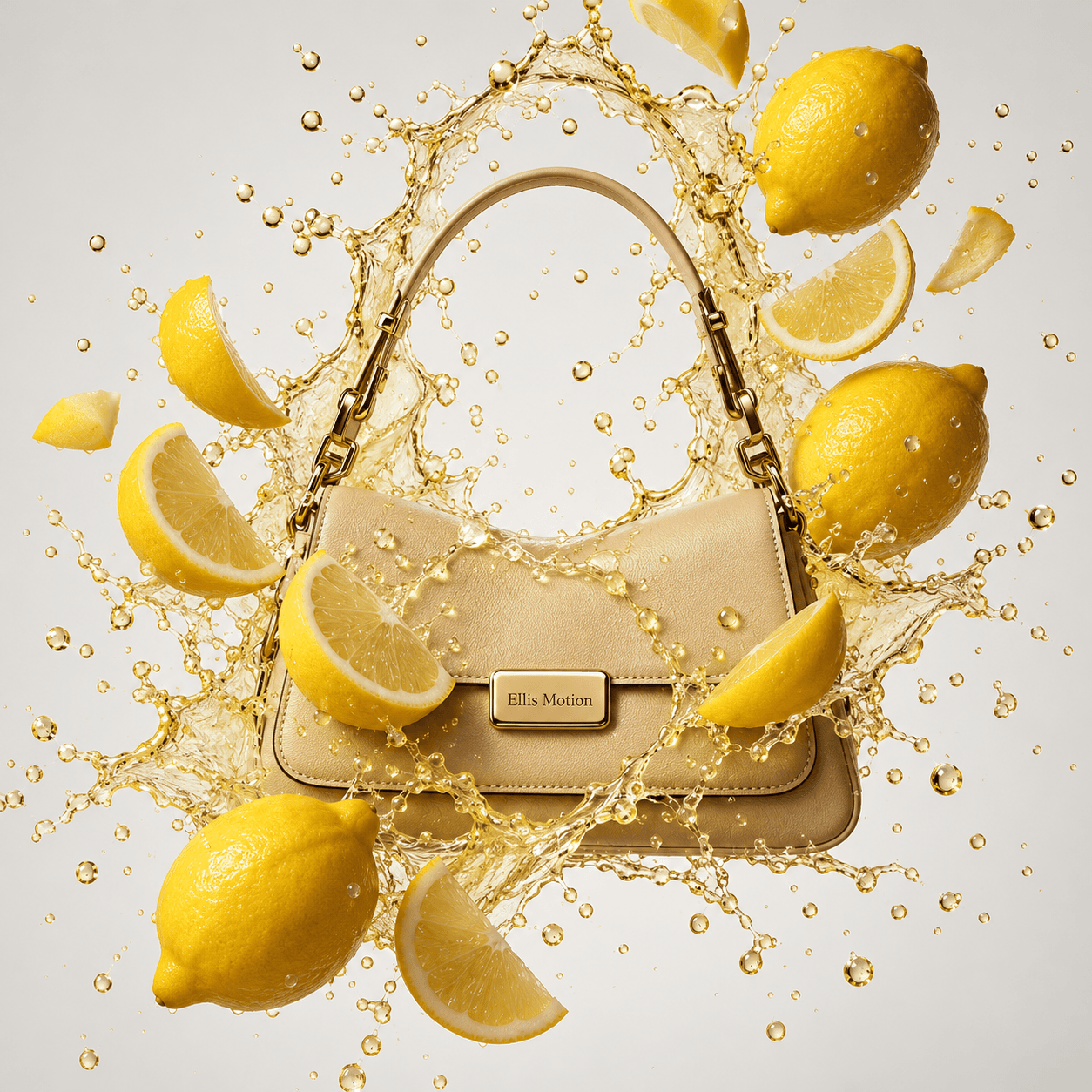 Structured leather handbag on a concrete plinth in warm sunlight