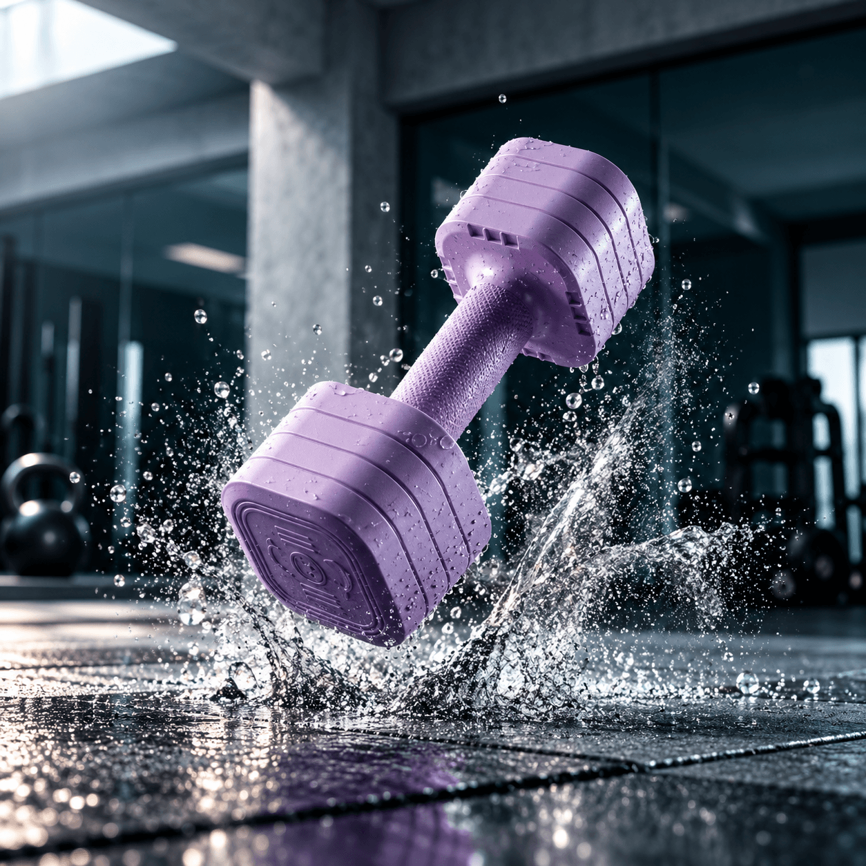 Premium dumbbells in a pool of overhead light with drifting chalk dust