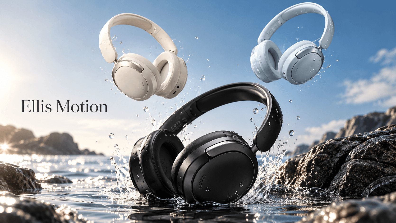 Wireless headphones in profile against charcoal with faint concentric rings