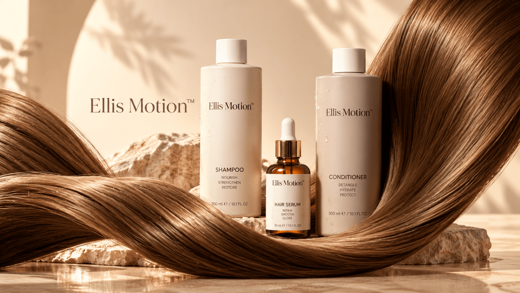 Haircare bottle in warm backlight with flowing silk behind it