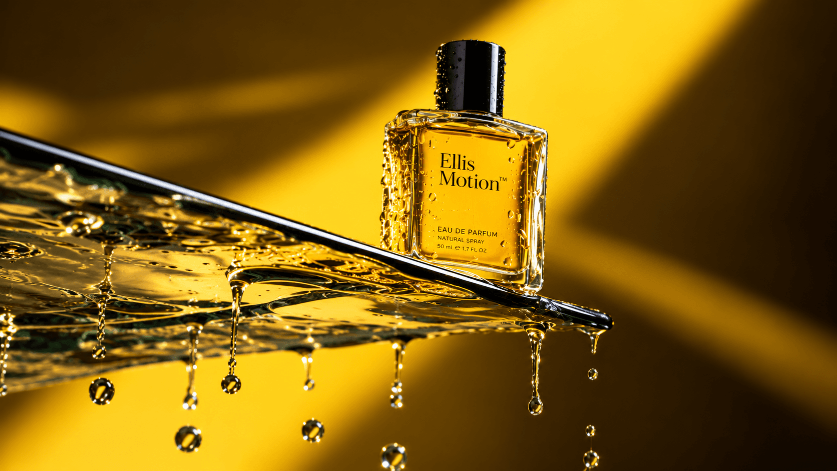 Fragrance bottle on sandstone with silk moving in a warm desert wind